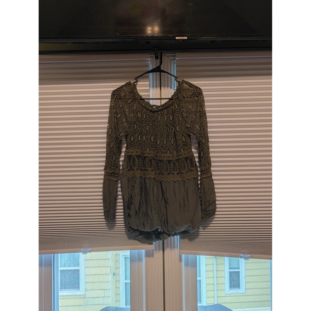 Elena Baldi Italy Silk Blend Crochet Lace Tunic Top Olive Green Womens Medium